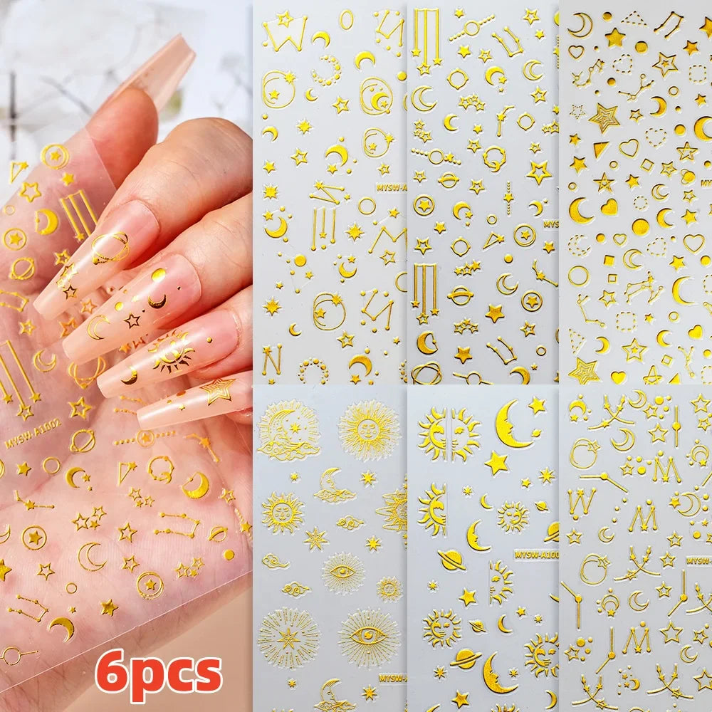 6pcs Mirror Silver Star 3D Nail Sticker Holographic Heart/Moon/Cross Design Self-Adhesive Decal Manicure Art Supplies Decoration (ONLINE ORDER ONLY)