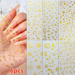 6pcs Mirror Silver Star 3D Nail Sticker Holographic Heart/Moon/Cross Design Self-Adhesive Decal Manicure Art Supplies Decoration (ONLINE ORDER ONLY)