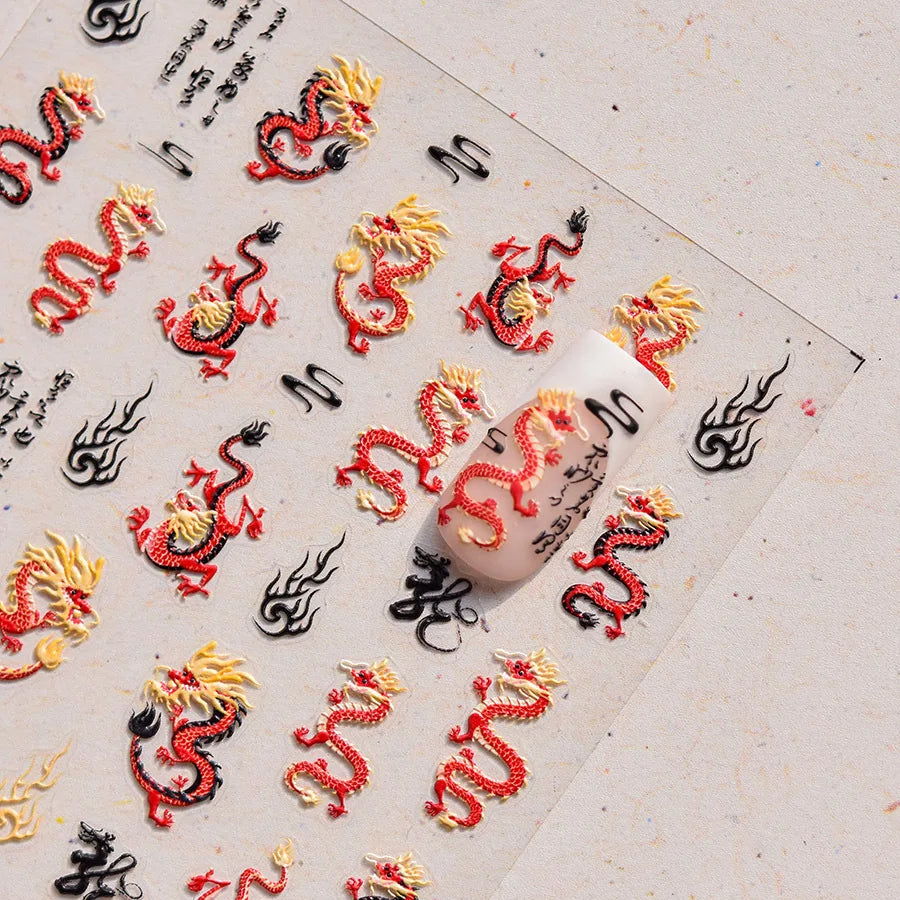 Retro Embroidered Dragon Red Pink Blue White Porcelain Chinese 3D Embossed Relief Self Adhesive Nail Art Stickers Manicure Decal (ONLINE ORDER ONLY)