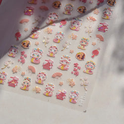 Auspicious Peach Blossom Snake Fan Flower The Spring Festival Tiger Head Adhesive Nail Art Stickers Red Lantern Manicure Decals (Online Order Only)