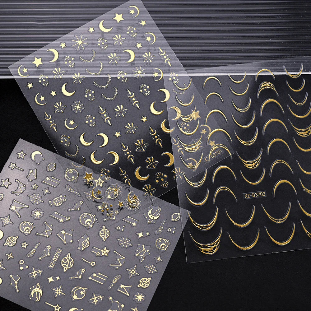 1pc 3D Gradient French Nail Stickers with Crown & Tassel Design Gold Silver Lines Self-Adhesive Nail Art Waterfall Manicure Foil (Online Order Only)