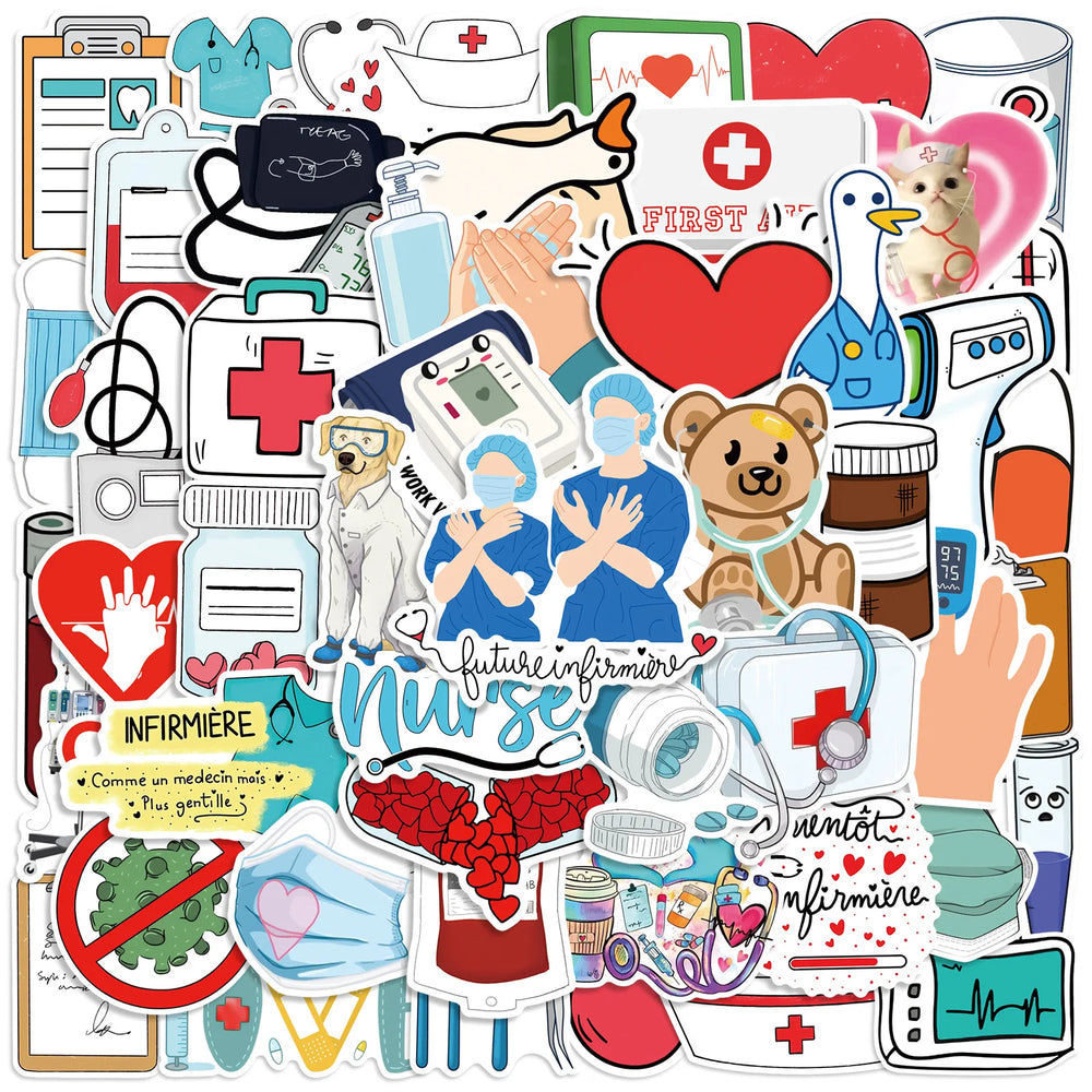 50pcs Cartoon Doctor Nurse Medical Staff Stickers for Helmet Wall Decoration (ONLINE ORDER ONLY)