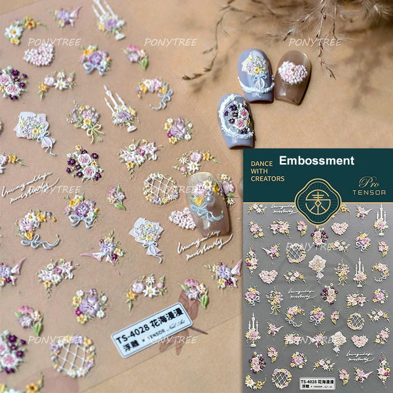 Romantic Flowers Bouquet Butterfly Rose Bowknot Candlestick Wreath Love Heart 5D Self Adhesive Nail Art Stickers Manicure Decals (Online Order Only)