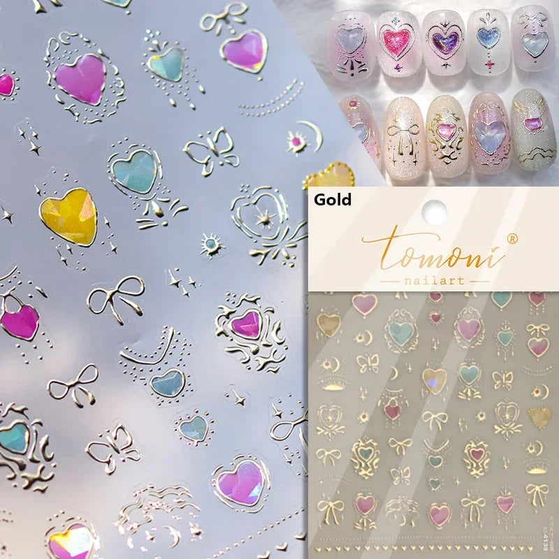 Flat Small Pink Brown Halo Dyeing Love Heart Geometric Leopard Shiny Jelly Chic Embossed Relief Nail Art Stickers Manicure Decal (Online Order Only)