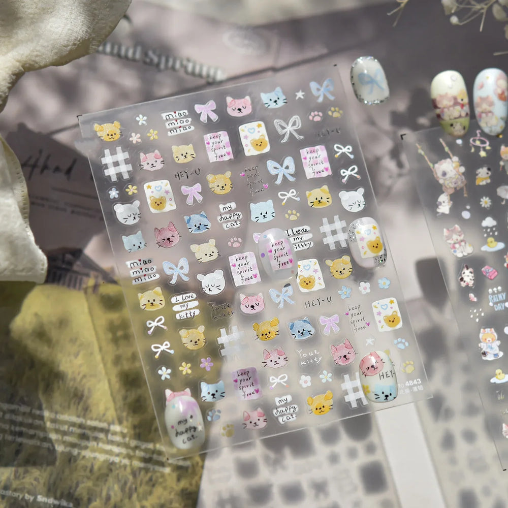 Cute Little Cat Colourful Flower Bowknot Umbrella Rain Boot Paintings Paper Boat Daisy Duckling Nail Art Sticker Manicure Decals (ONLINE ORDER ONLY)
