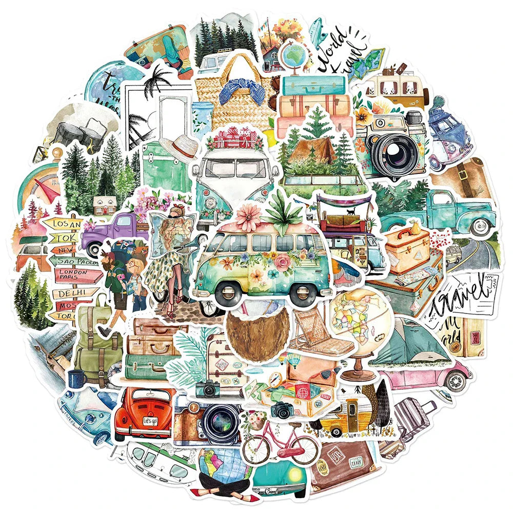 Camping Travel Cartoon Stickers: 10/30/50PCS for Skateboard, Fridge, Motorcycle, Luggage, Graffiti Decals (Online Order Only)