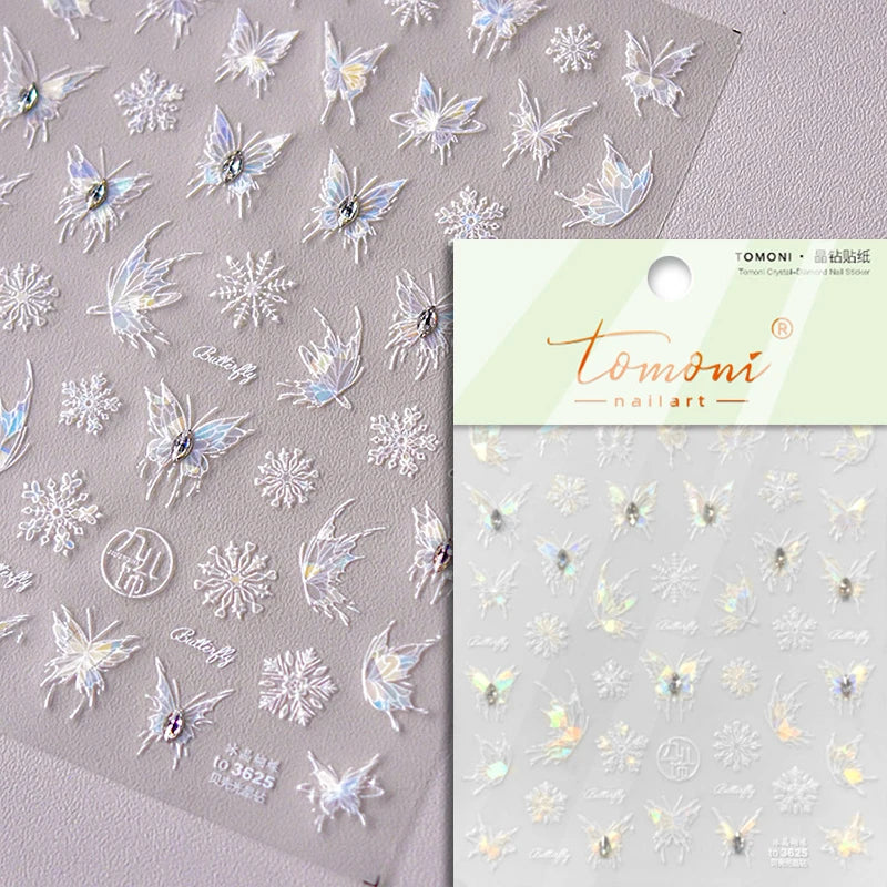 Hot Stamping Romantic White Gold Snowflakes Hexagon Winter 3D Self Adhesive Nail Art Stickers Shiny Rhinestone Manicure Decals (Online Order Only)
