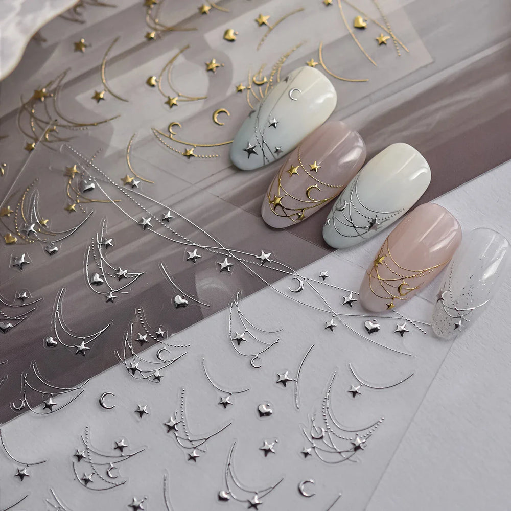 Star Moon Love Heart Curved Line Arc Dreamy Necklace Hanging in The Air Starry Night Adhesive Nail Art Stickers Manicure Decals (ONLINE ORDER ONLY)