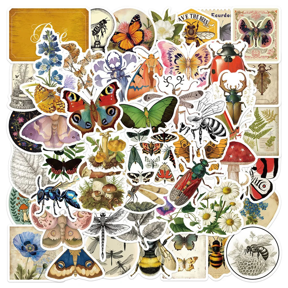 Retro Botanical Insect Cartoon Stickers for Phone Laptop Luggage Skateboard Decals Gift (ONLINE ORDER ONLY)