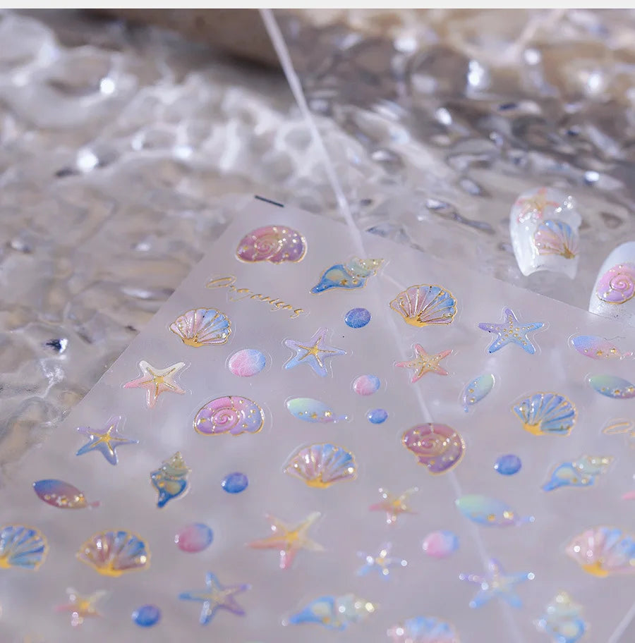 Conch Starfish Shell Beach Fish Star Ocean Colorful Water Bubbles Summer Delicate Self Adhesive Nail Art Stickers Manicure Decal (ONLINE ORDER ONLY)