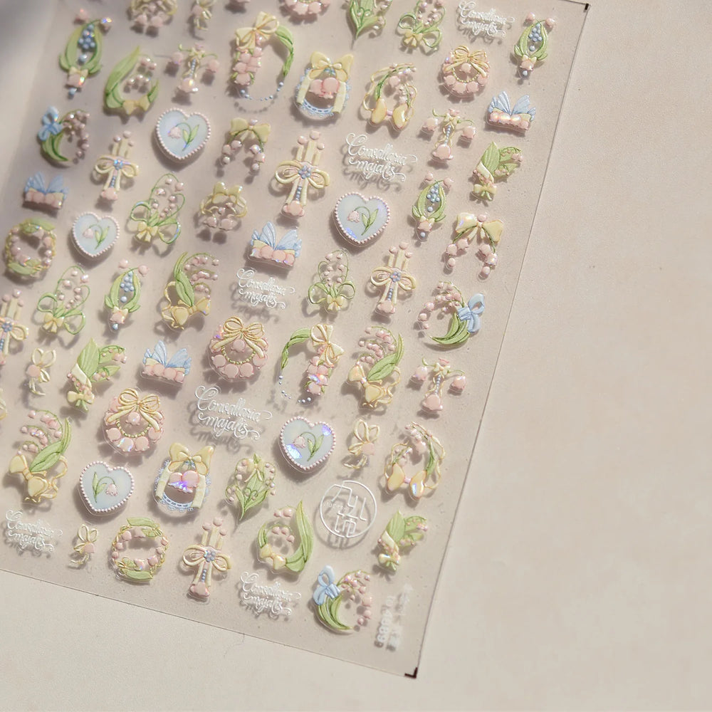 Spring Pink Lily of The Valley Flowers Blooming Blue Bowknot Heart 5D Soft Relief Self Adhesive Nail Art Sticker Manicure Decals (Online Order Only)