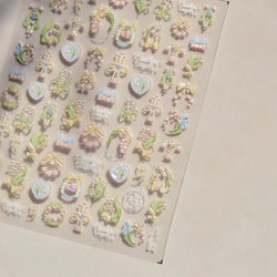Spring Pink Lily of The Valley Flowers Blooming Blue Bowknot Heart 5D Soft Relief Self Adhesive Nail Art Sticker Manicure Decals (Online Order Only)