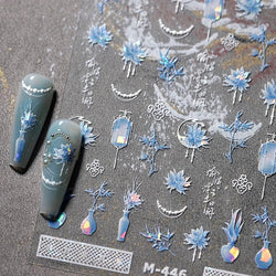 Retro Blue Lotus Flower Arrangement Vase Lantern Totem Pattern Bamboo Leaf Self Adhesive Nail Art Stickers Shiny Manicure Decals (ONLINE ORDER ONLY)