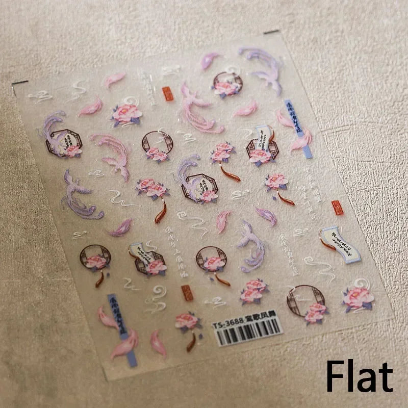Charming Red Rose Phoenix Flower Wing Leaves Flower Feather Pearl Relief Embossed 5D Adhesive Nail Art Stickers Manicure Decals (ONLINE ORDER ONLY)