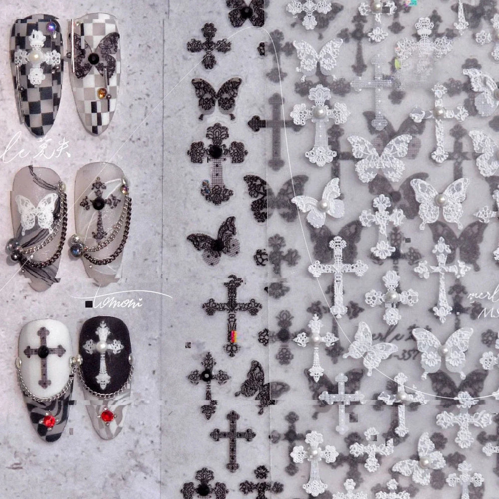 Black White Pearl Lace Butterfly Cross Retro Figure Flower Symmetric Self Adhesive Nail Art Stickers  Manicure Decals Wholesale (ONLINE ORDER ONLY)