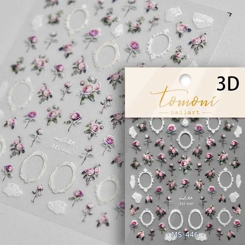 Retro Rose Gold Photo Frame Dried Flower Delicate Totem 3D Self Adhesive Nail Art Stickers 5D Shiny Rhinestone Manicure Decals (ONLINE ORDER ONLY)