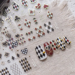 Poker Red Love Heart Square Grid Star Moon Card Pattern Spade Retro 3D Self Adhesive Nail Art Decoration Sticker Manicure Decals (Online Order Only)