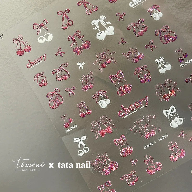 Colourful Cherry Abundant Fruits Bowknot Shiny White Line Outline Self Adhesive Nail Art Stickers Chic Rhinestone Manicure Decal (ONLINE ORDER ONLY)