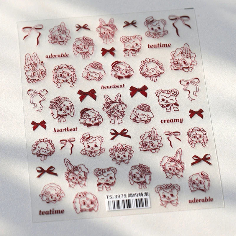 Cute Pet Creamy Rabbit Bear Dog Ribbon Bowknot Lamb Red Painted Heartbeat Flowers Adhesive Nail Art Stickers 3D Manicure Decals (Online Order Only)