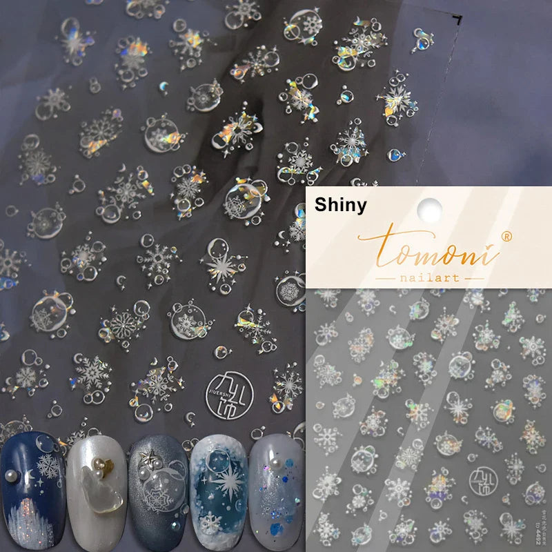 Shiny White Pink Blue Gold Snowflakes Hexagon Water Bubbles Winter 5D Self Adhesive Nail Art Stickers Rhinestone Manicure Decals (ONLINE ORDER ONLY)