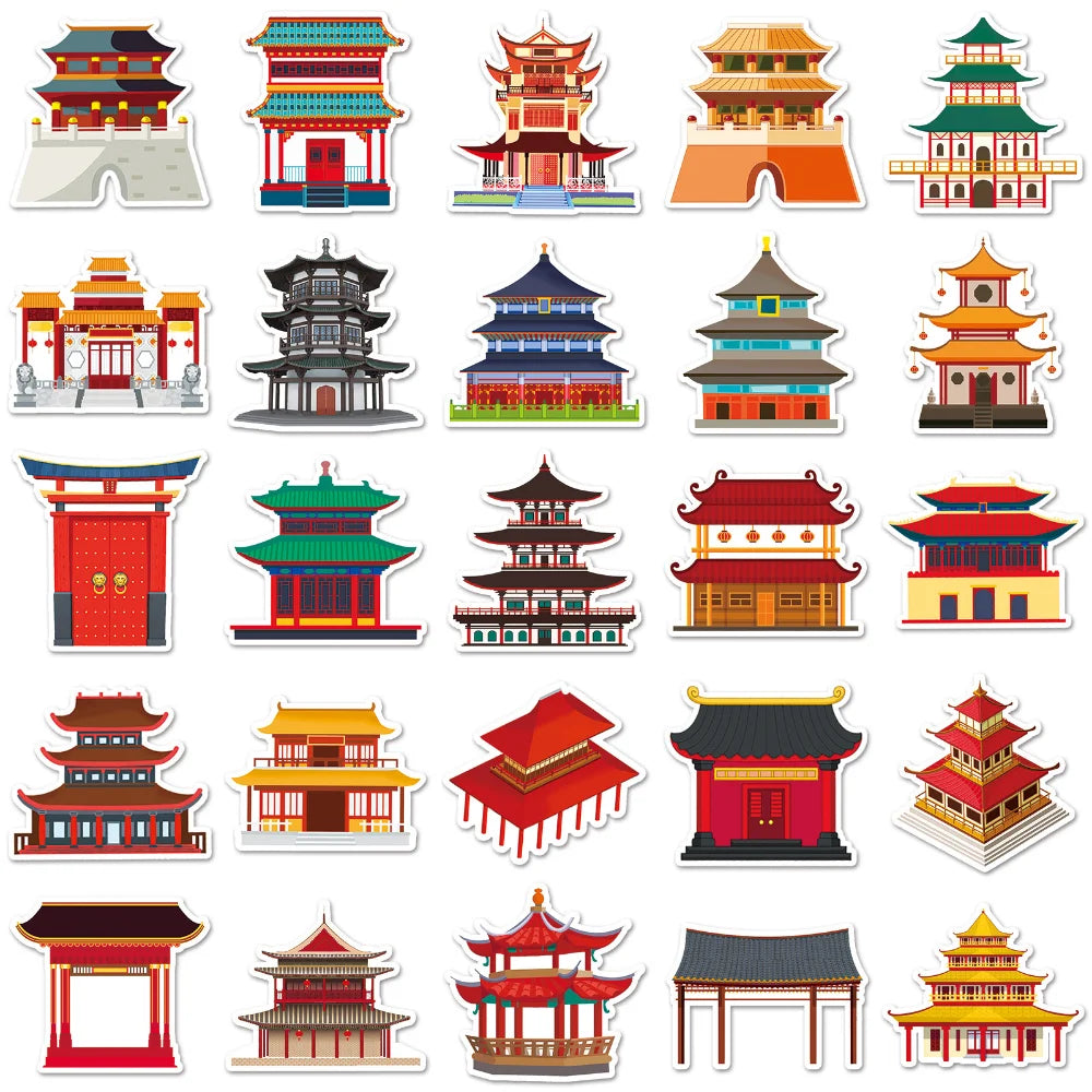 10/50pcs Antique Building House Stickers Personalized Chinese Style Stickers DIY Mobile Phone Case Suitcase Stickers Waterproof (Online Order Only)
