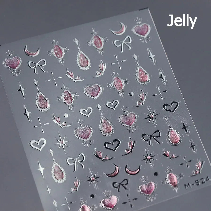 Flat Small Pink Brown Halo Dyeing Love Heart Geometric Leopard Shiny Jelly Chic Embossed Relief Nail Art Stickers Manicure Decal (Online Order Only)