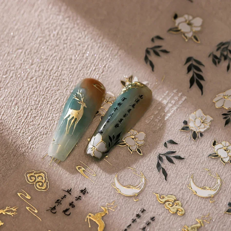 Chinese Style Gold Stamped God Deer Moon Auspicious Clouds Crane Lotus Flower 3D Self-adhesive Nail Art Stickers Manicure Decals (ONLINE ORDER ONLY)