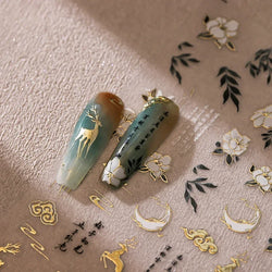 Chinese Style Gold Stamped God Deer Moon Auspicious Clouds Crane Lotus Flower 3D Self-adhesive Nail Art Stickers Manicure Decals (ONLINE ORDER ONLY)