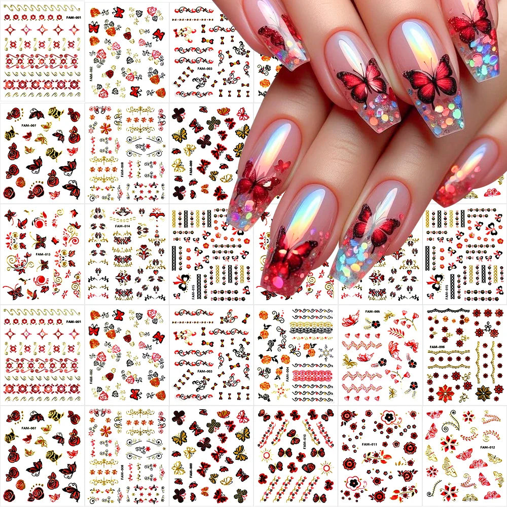 30Pcs/Set Red Golden 3D Nail Art Sticker Hot Stamping Hollow Decals Mixed Designs Adhesive Flower Nail Tips Letter Butterfly Set (Online Order Only)