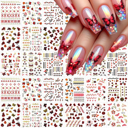30Pcs/Set Red Golden 3D Nail Art Sticker Hot Stamping Hollow Decals Mixed Designs Adhesive Flower Nail Tips Letter Butterfly Set (Online Order Only)