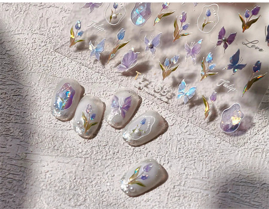 Tulips Flower Letter Bowknot Butterfly Irregular Lines Pearl Tender 5D Adhesive Nail Art Stickers Manicure Decals Stick on Nail (ONLINE ORDER ONLY)