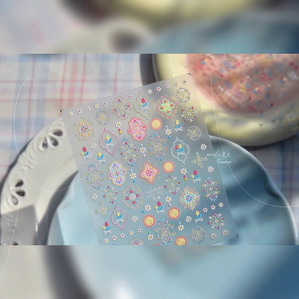 Chic Lavender Tulip Flower Bowknot Totem Center Symmetric Pattern Daisy Line Gird Self Adhesive Nail Art Stickers Manicure Decal (ONLINE ORDER ONLY)