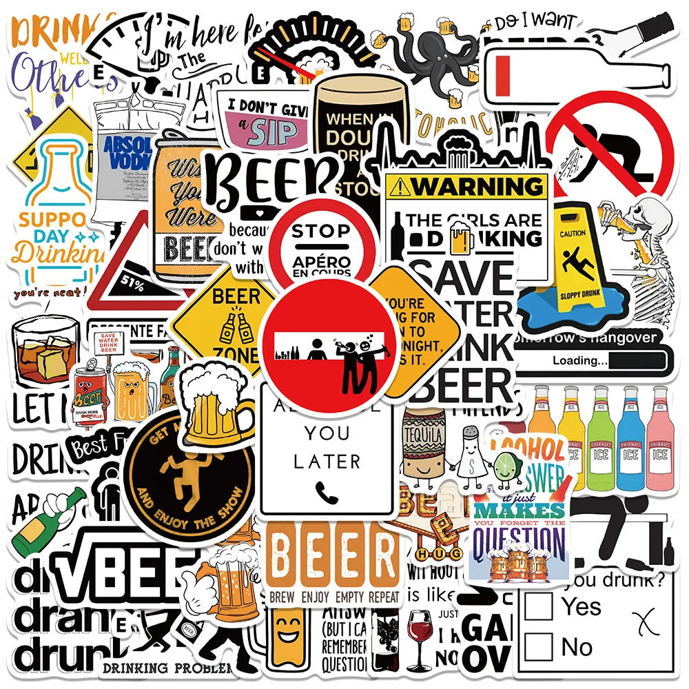 50pcs Funny Cartoon Alcoholism Beer Stickers Laptop Water Bottle Waterproof Graffiti Luggage Guitar Skateboard Vinyl Decals (Online Order Only)