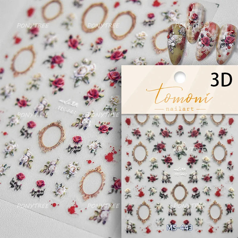 Retro Rose Flowers Bowknot Petal Romantic 5D Soft Embossed Relief Self Adhesive Nail Art Decoration Stickers 3D Manicure Decals (ONLINE ORDER ONLY)
