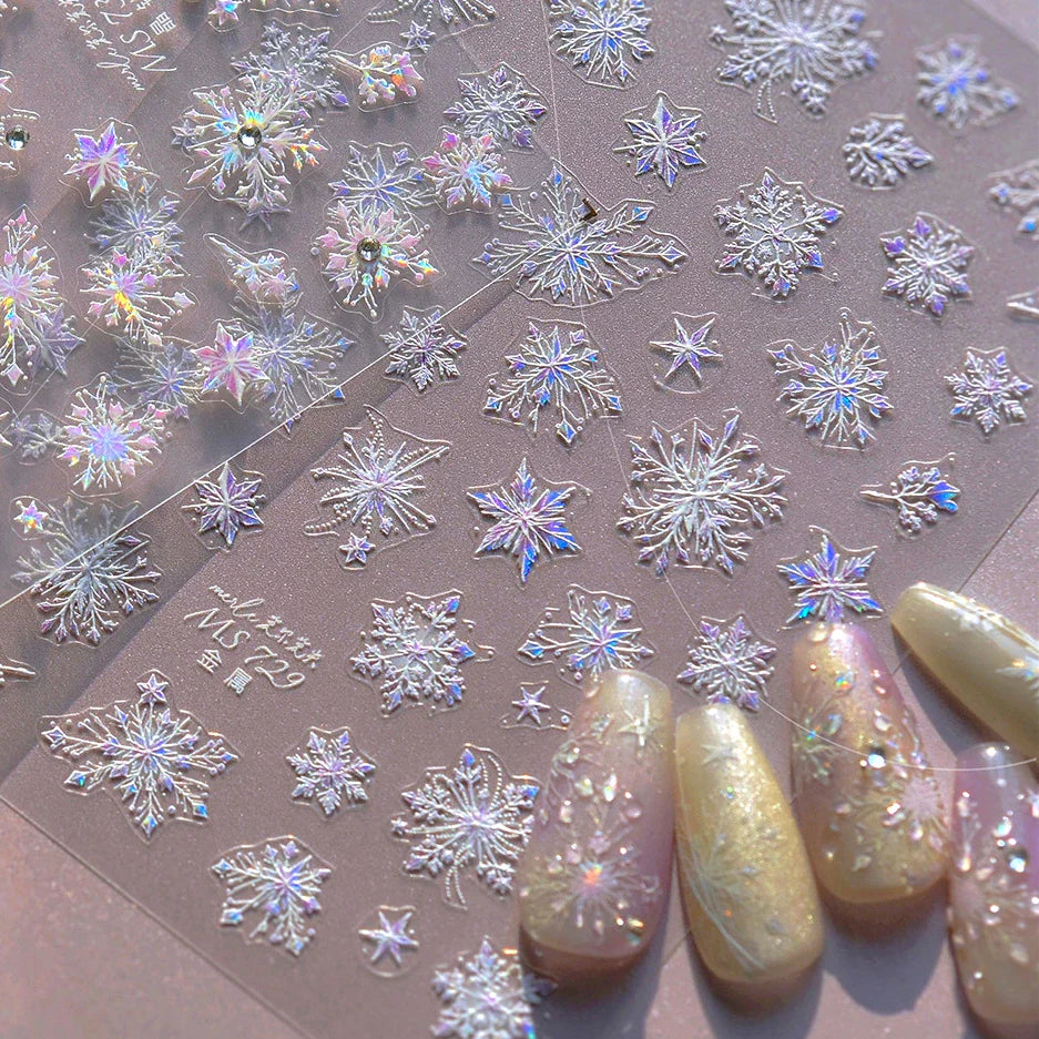 Flying Snowflakes Cold Winter Geometric Hexagon Star Romantic Adhesive Nail Art Stickers Embossment Rhinestone Manicure Decals (ONLINE ORDER ONLY)