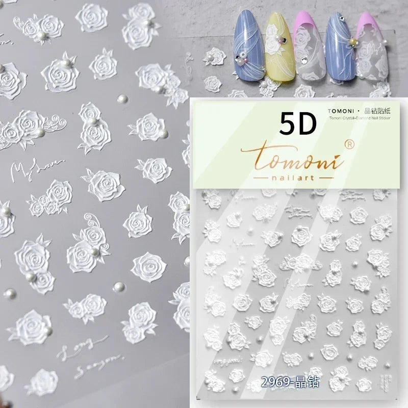 Gradient Halo Dyeing Dark Red Rose Flower Rhinestone Lace Bow Heart 3D Self Adhesive Nail Art Decoration Sticker Manicure Decals (ONLINE ORDER ONLY)