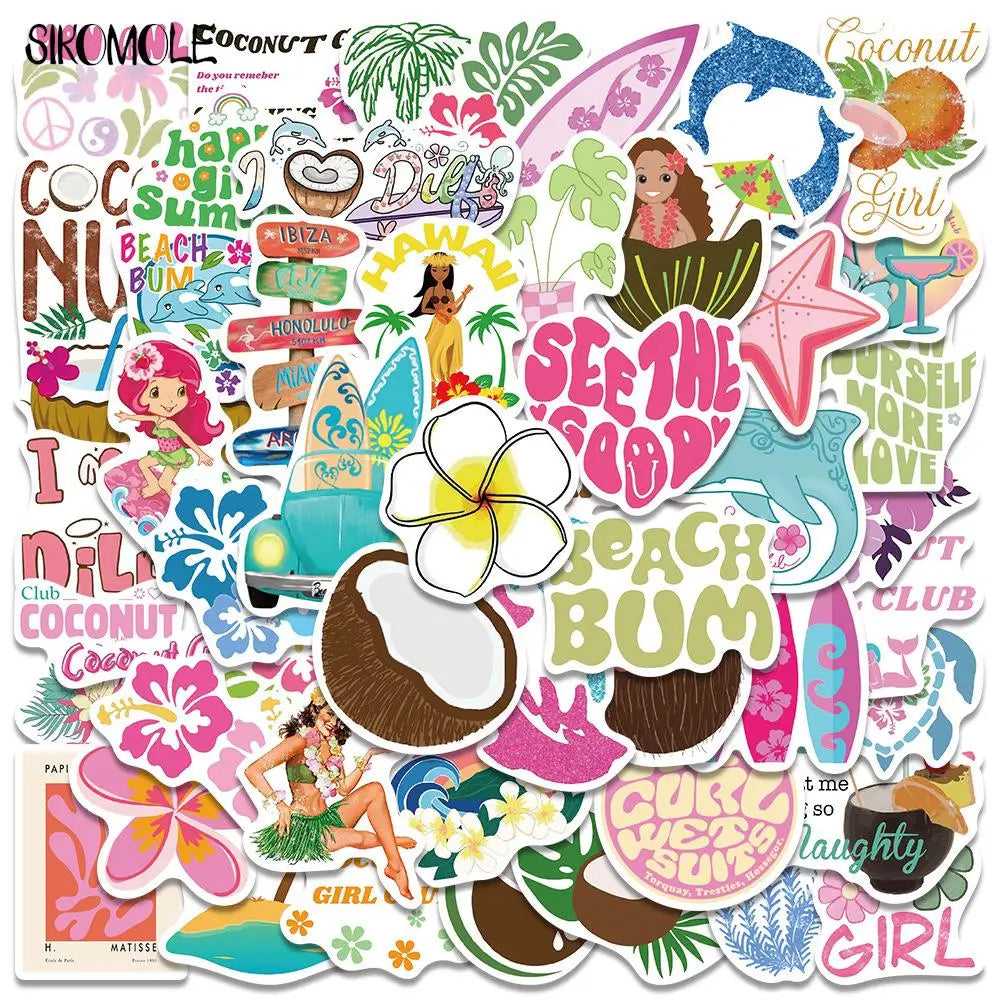 Cartoon Coconut Girl Beach Stickers Pack - Kawaii DIY Luggage Guitar Fridge Laptop Decals (Online Order Only)