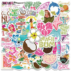 Cartoon Coconut Girl Beach Stickers Pack - Kawaii DIY Luggage Guitar Fridge Laptop Decals (Online Order Only)