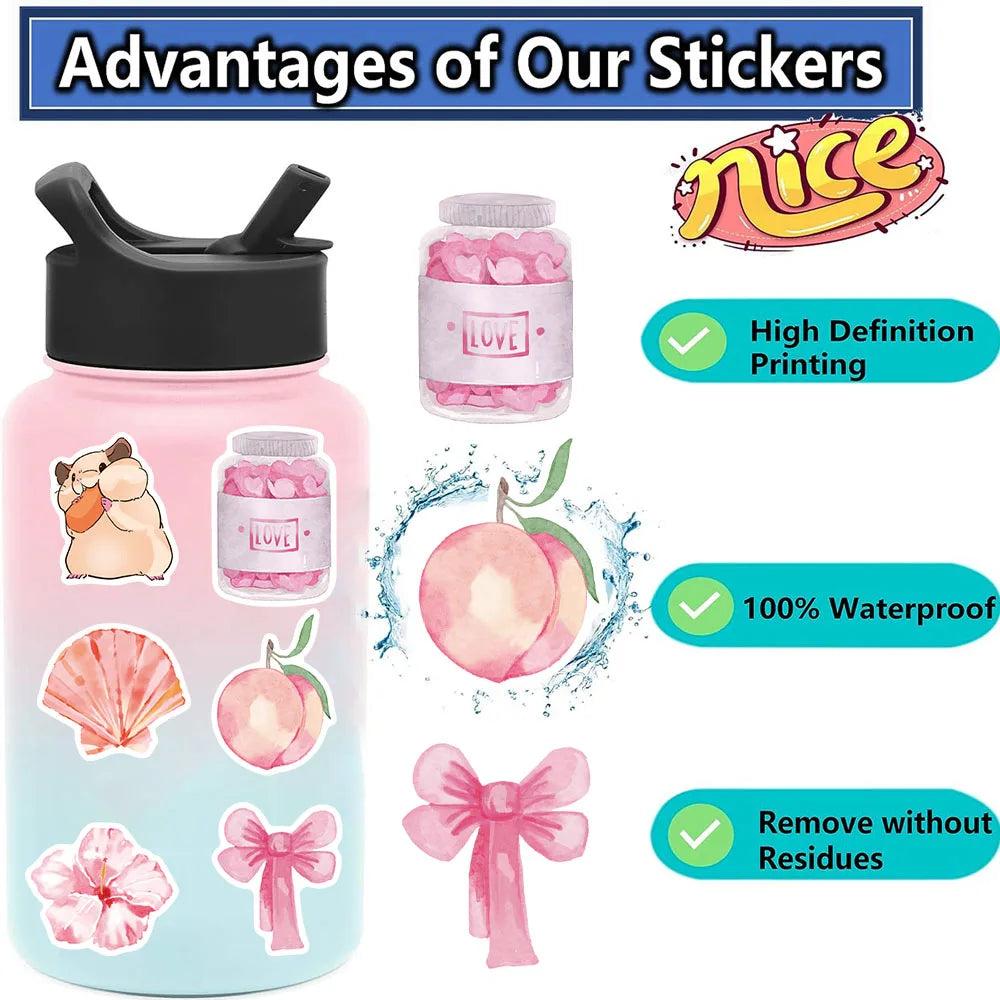 50PCS Kawaii Pink Sticker Aesthetic PVC School Stationery Children's Sketchbook Diary Laptop Scrapbook Supplies for Kids (Online Order Only)