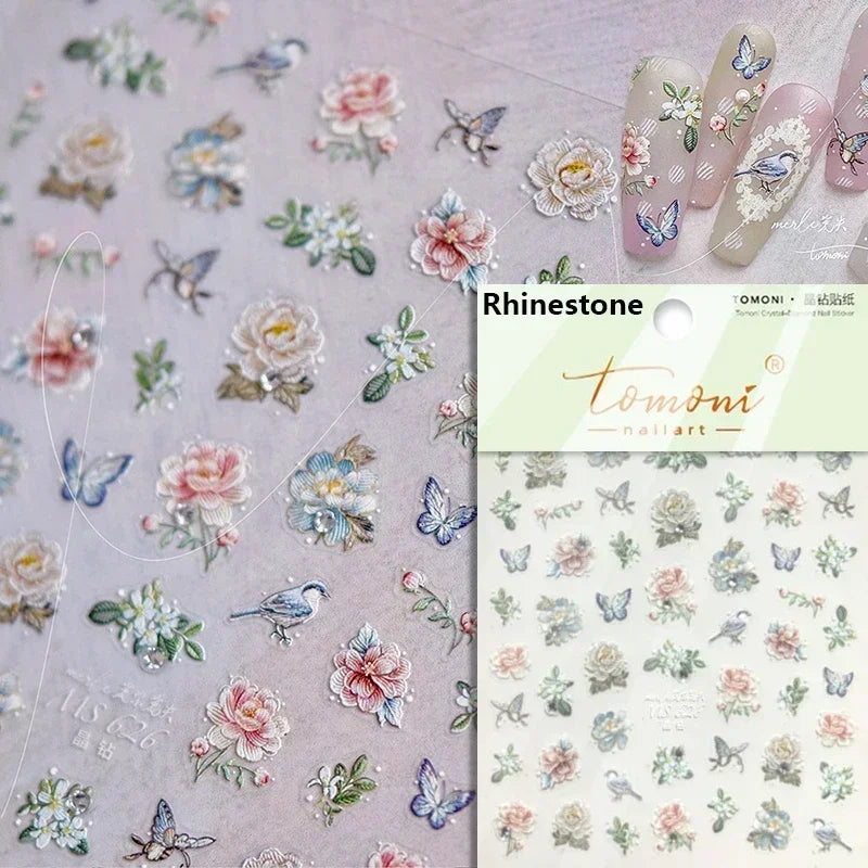 Charming Dreamy Shiny Jelly Blue Gradient Lily Flowers Rose Petal White Dot Chinese Colorful Nail Art Stickers Manicure Decals (ONLINE ORDER ONLY)