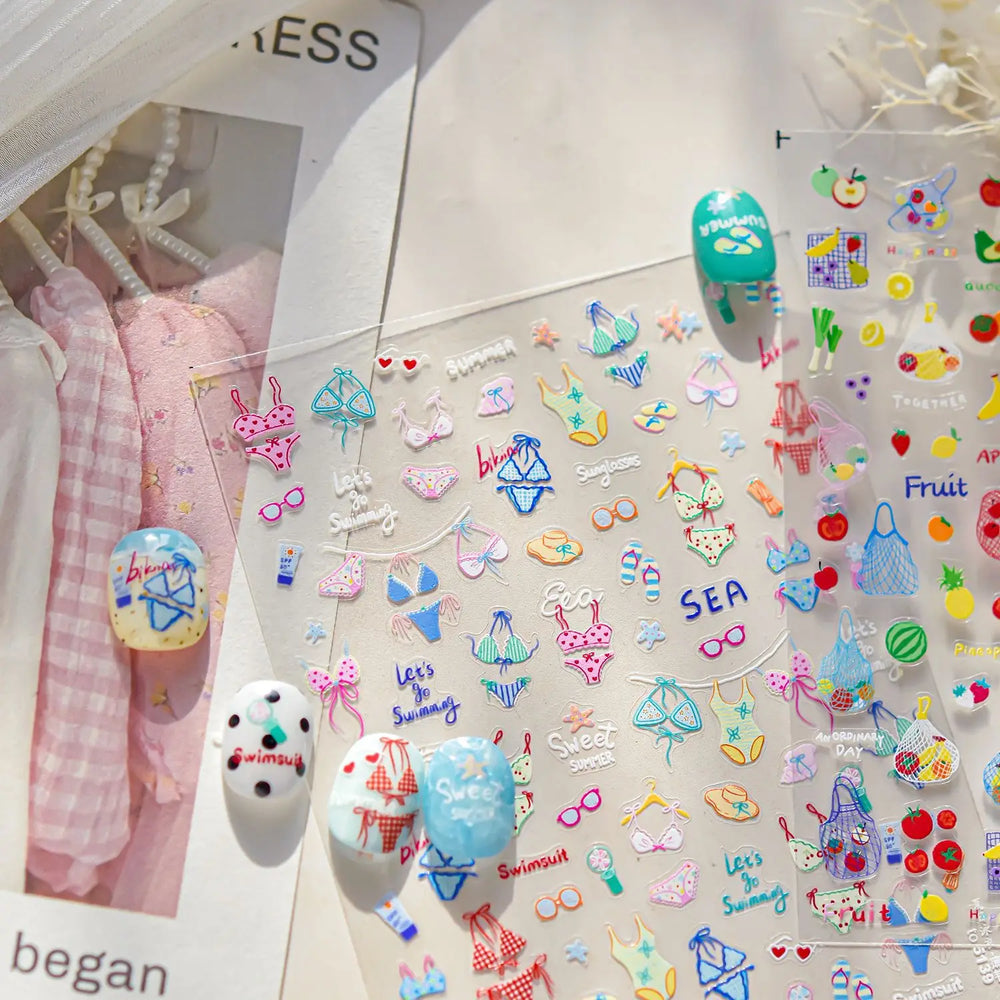 Colorful Swimsuit Bikini Fresh String Bag Vegetables Fruits Summer Beach Underwear Sunscreen Nail Art Stickers Manicure Decals (ONLINE ORDER ONLY)