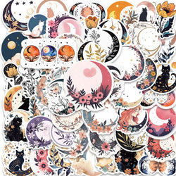 50PCS Vintage Cat Moon Flower Stickers for Scrapbooking, Notebook, Refrigerator (Online Order Only)
