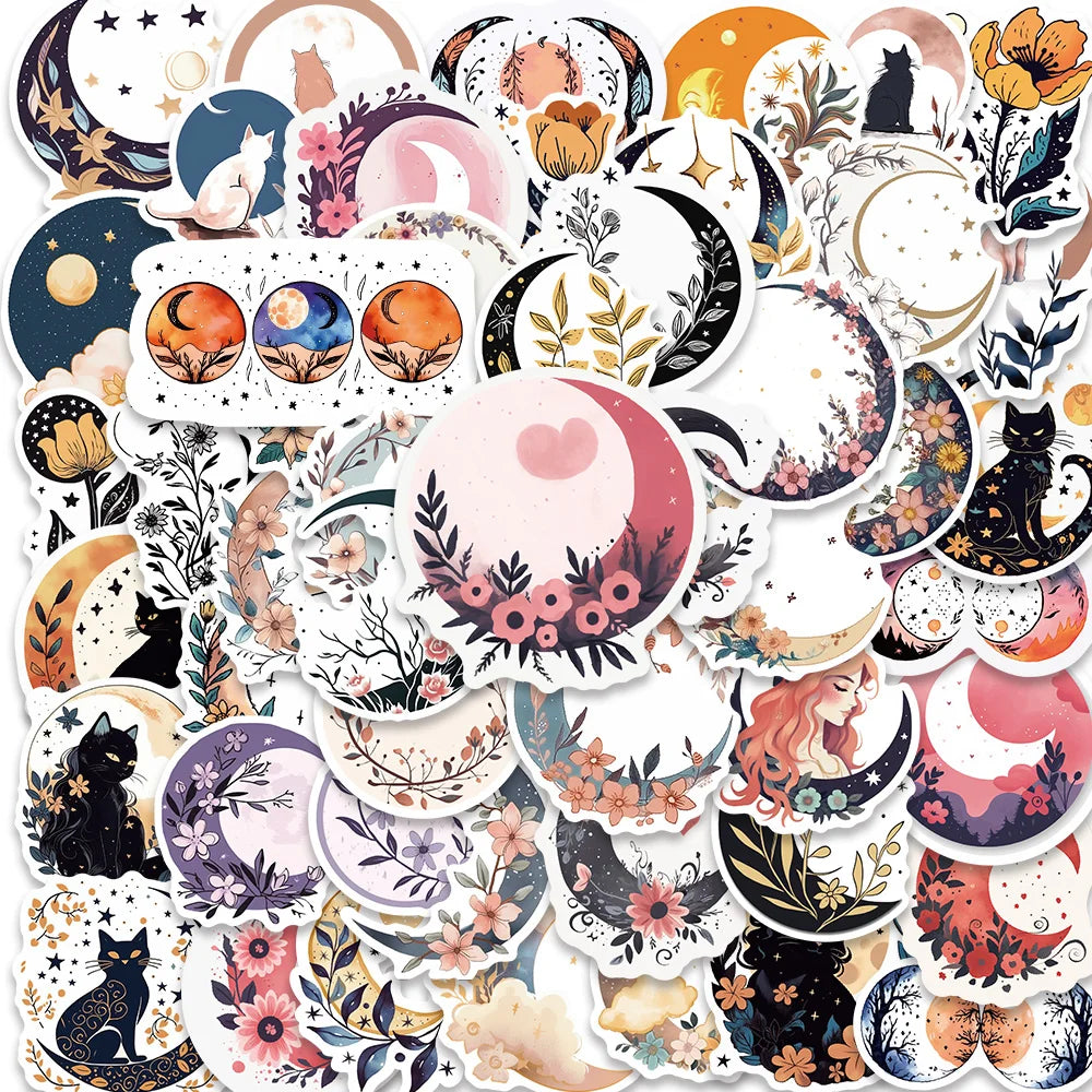 50PCS Vintage Cat Moon Flower Stickers for Scrapbooking, Notebook, Refrigerator (Online Order Only)