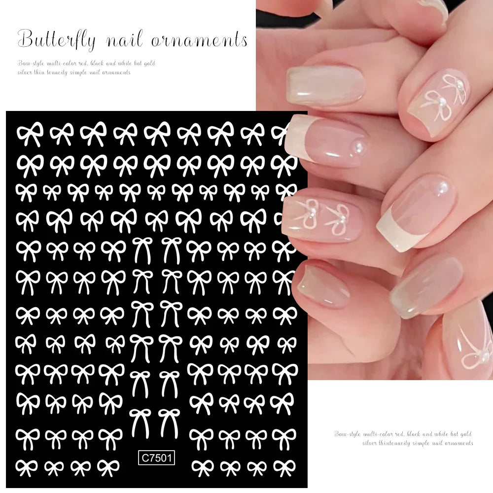 6pcs/Set Lovely Line Bowknot Nail Sticker Gold Silver Black White Pink Red Bow Tie Mini Bowknot 3D Self Adhesive Manicure Decals (ONLINE ORDER ONLY)