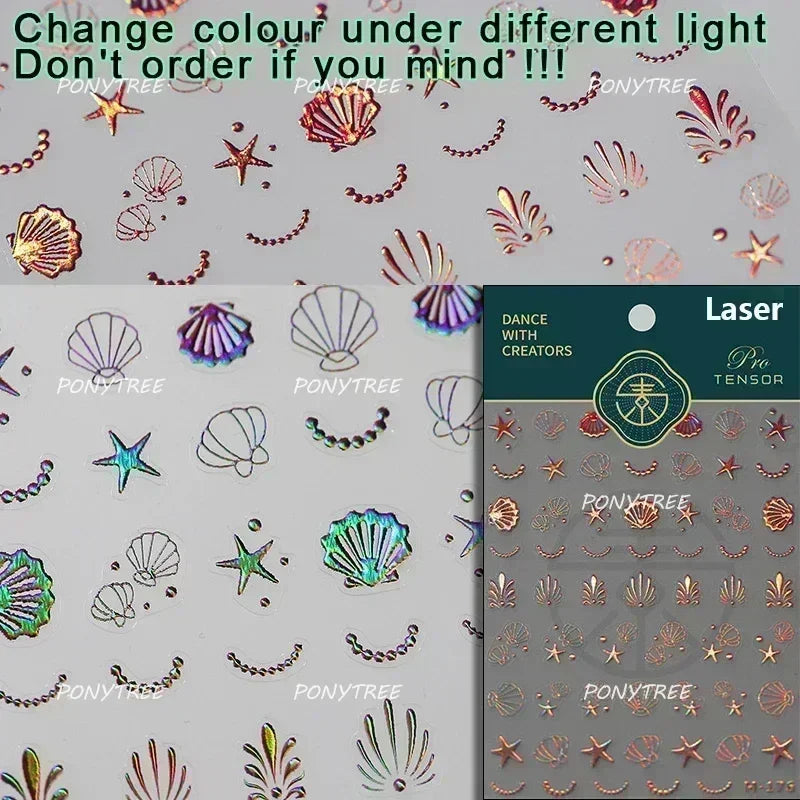 Hot Stamping Laser Shell Conch Starfish Pearl Whale Coral Dolphin Summer Beach Sea Wave Jellyfish Bubble Nail Art Stickers Decal (ONLINE ORDER ONLY)