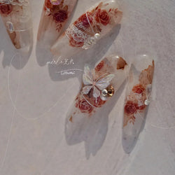 Gradient Halo Dyeing Dark Red Rose Flower Rhinestone Lace Bow Heart 3D Self Adhesive Nail Art Decoration Sticker Manicure Decals (ONLINE ORDER ONLY)