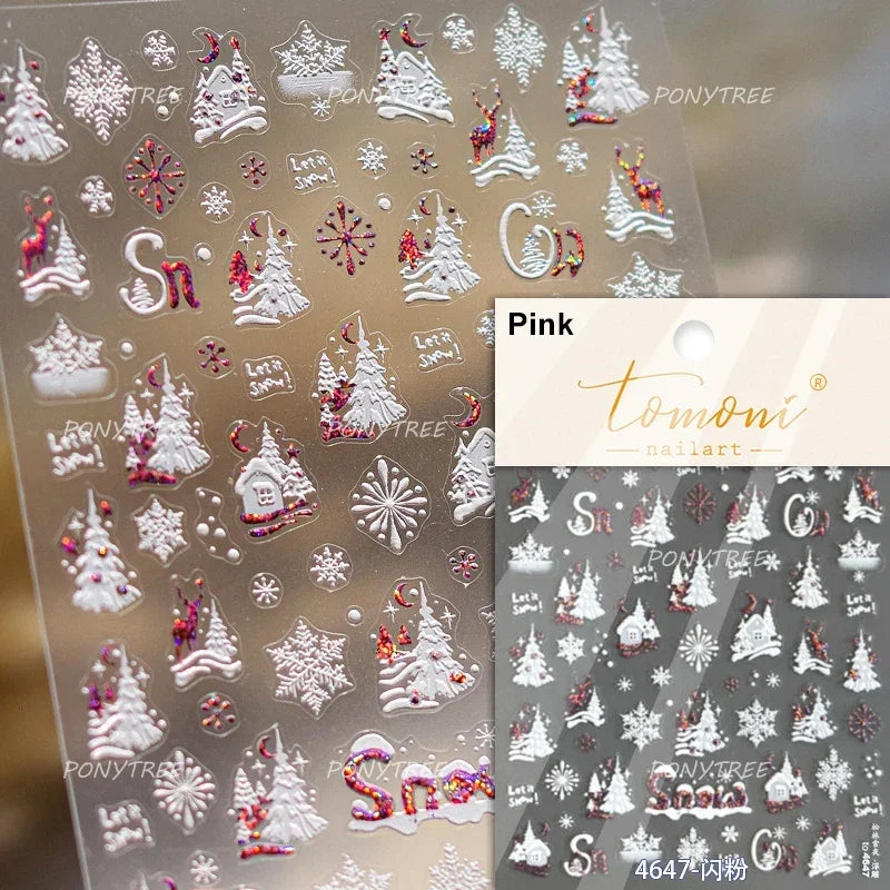 Snowman Tree House Cedar White Pine Forest Warm Winter Cloud Self Adhesive Nail Art Stickers Snowflake Star Snow Manicure Decals (ONLINE ORDER ONLY)