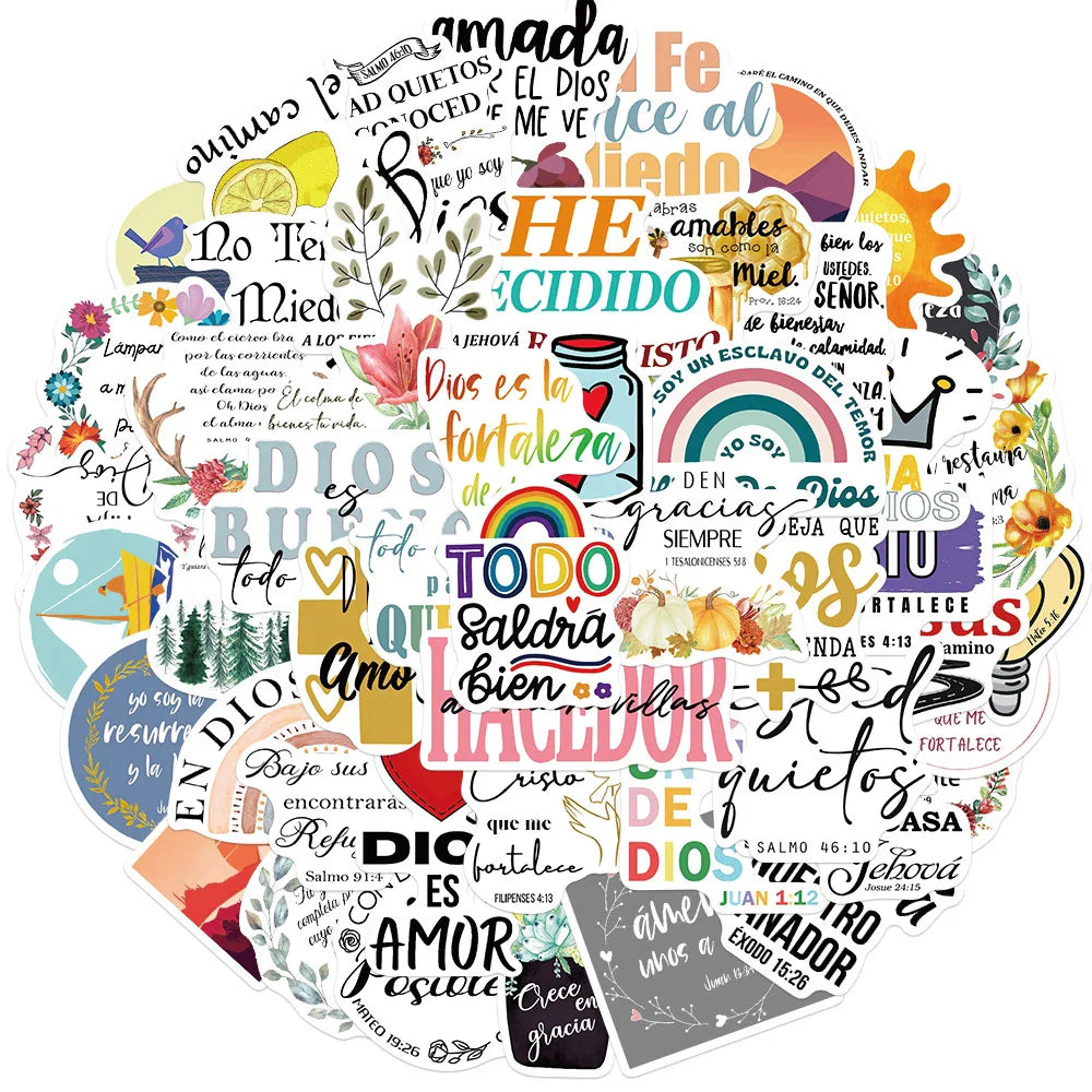 Spanish Bible Motivational Phrases Stickers - 10/30/50pcs Cartoon Decals for Laptop, Phone, Luggage, Scrapbook (Online Order Only)
