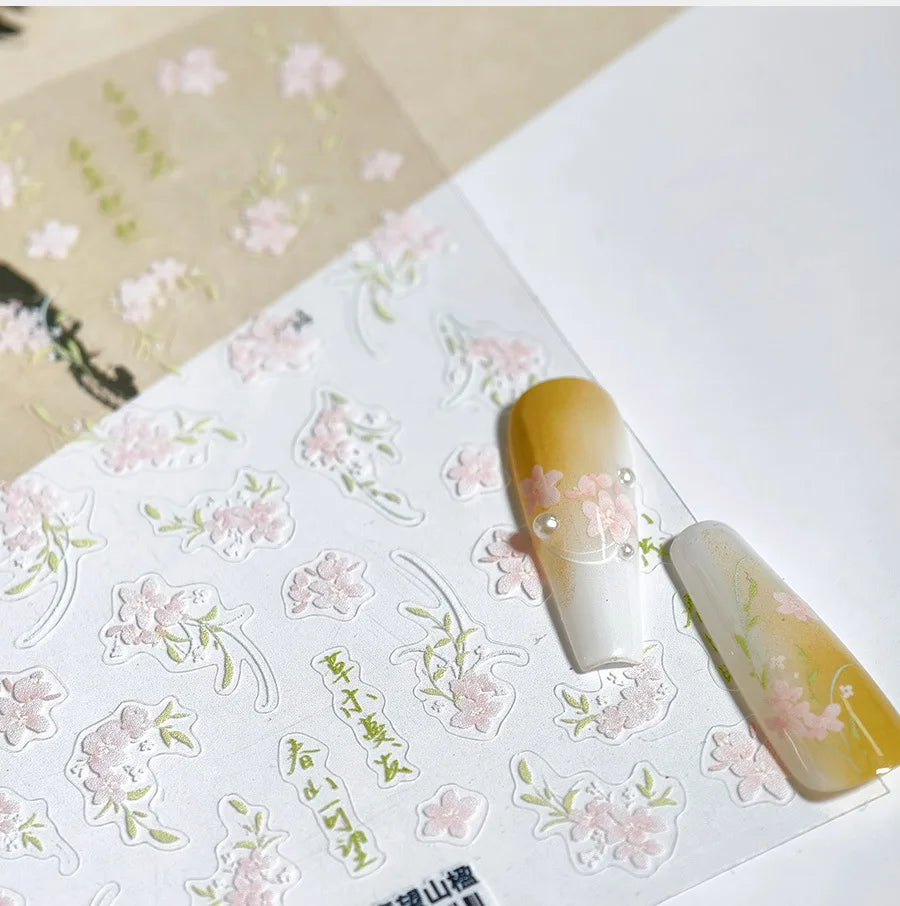 Mountain Flower Peach Blossom Vibrant Flowers Green Leaves Antique Chic Self Adhesive Nail Art Stickers Spring 3D Manicure Decal (ONLINE ORDER ONLY)
