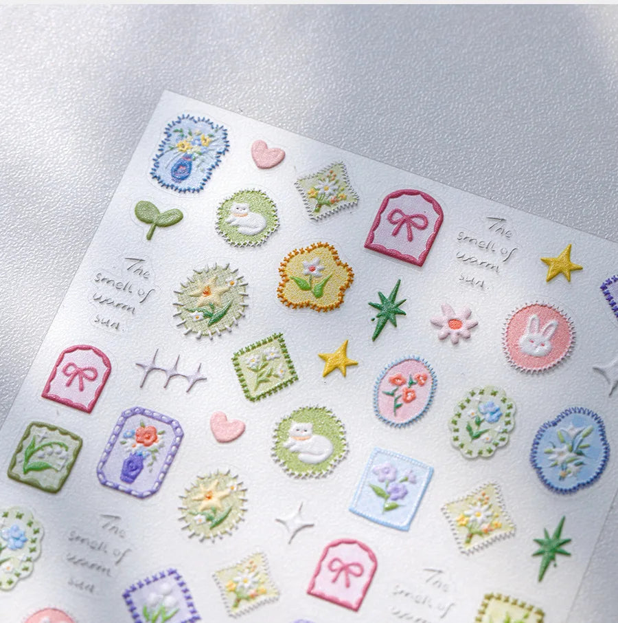 Cat Kitten Rabbit Flower Bouquet Bowknot Vase Bunny Grid Star Blocks Round Warm Sun Decoration Nail Art Stickers Manicure Decals (ONLINE ORDER ONLY)